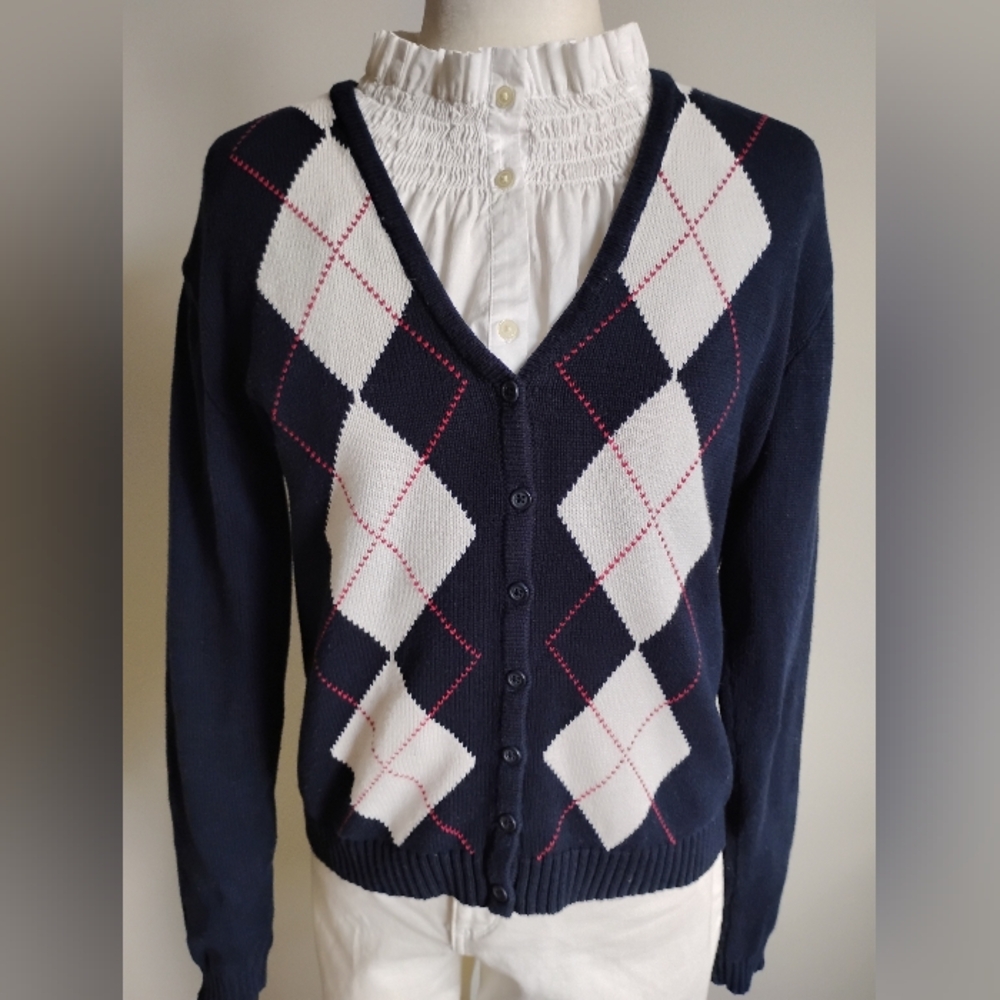 John Galt Cotton V-Neck Cardigan Sweater Navy Blue Red White Tennis Prep Sz Med - Picture 4 of 12